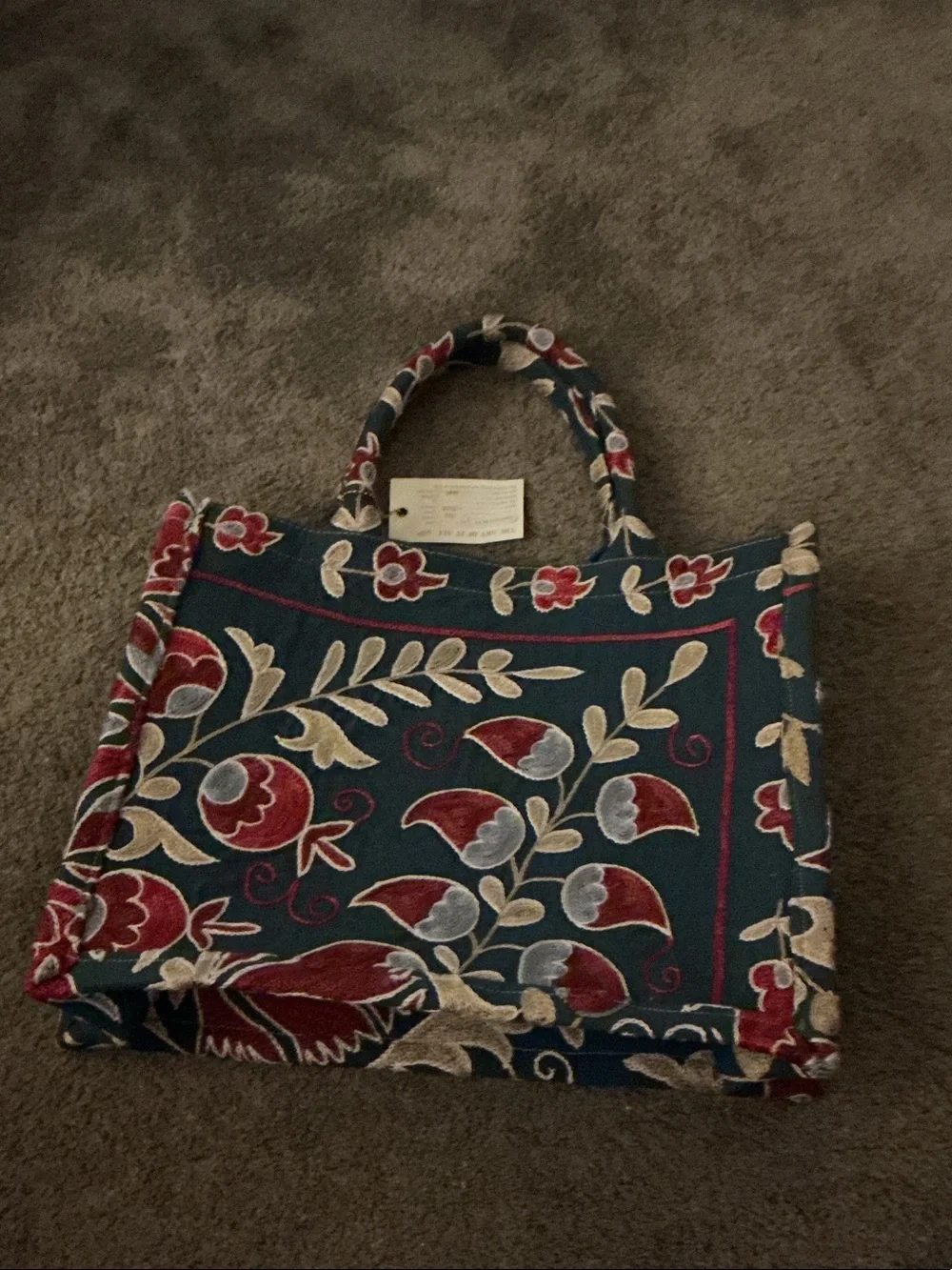 Embroidered Floral Tote Bag in Teal, Red & Cream